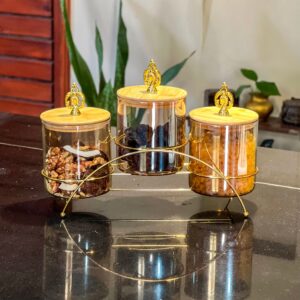 Home majestic3 pieceglassjarsetwithgoldenmetalstand 1128