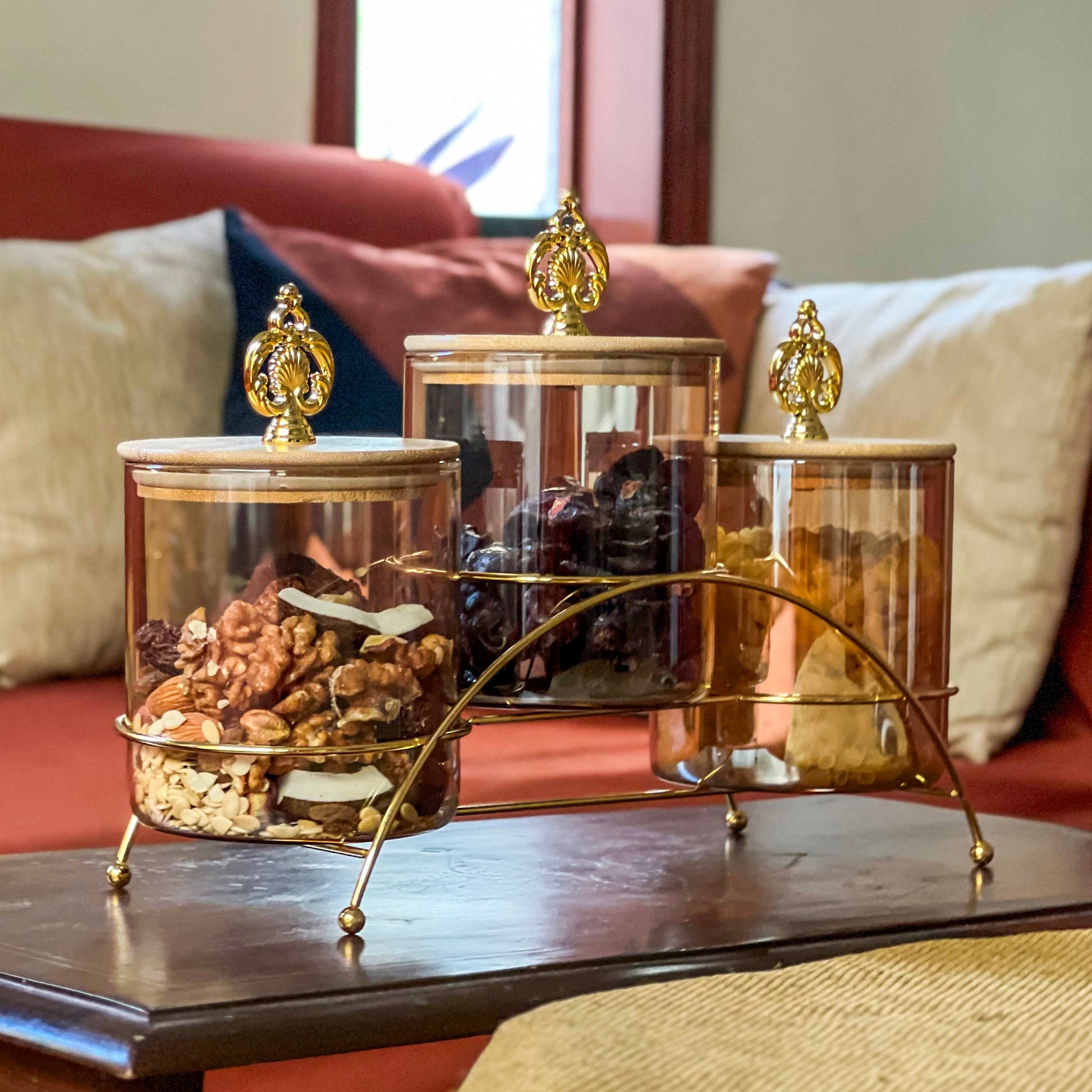 majestic3 pieceglassjarsetwithgoldenmetalstand 1130
